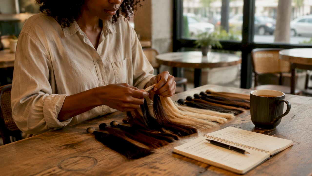 Hands arranging ethical hair extension samples