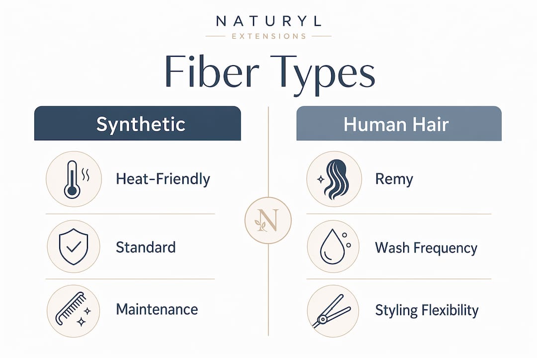 Infographic comparing synthetic vs human hair fiber types for pre-styled hair