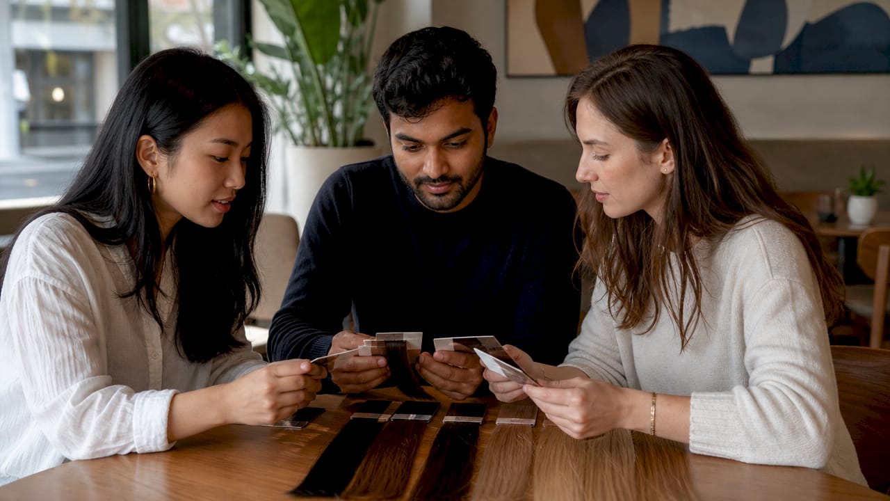 Customers examining hair care product labels