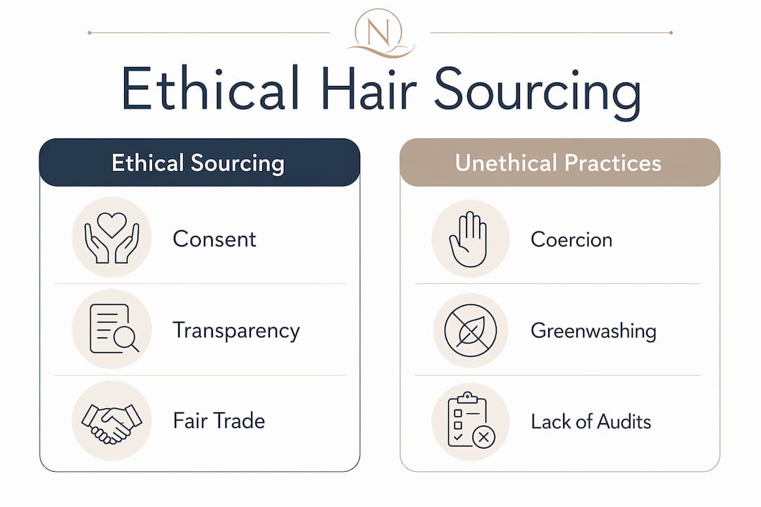 Infographic comparing ethical and unethical hair sourcing practices