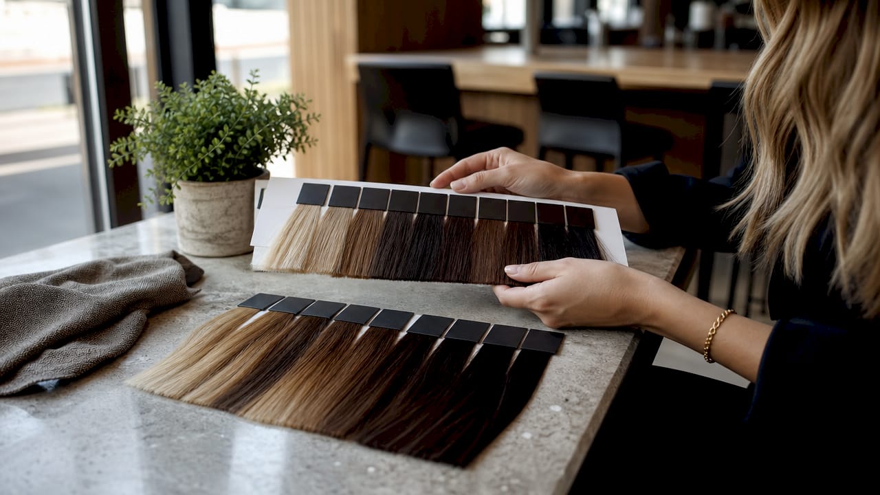 Hands holding hair extension colour swatches