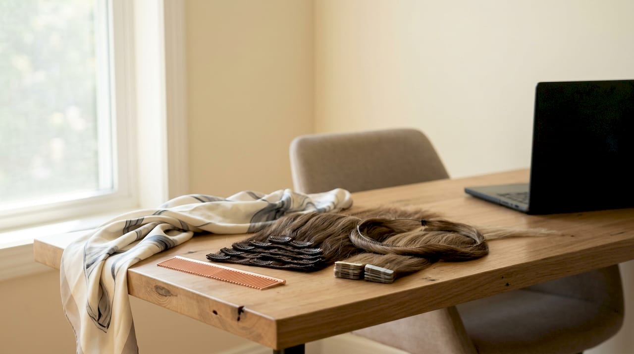 Variety of hair extension types on vanity surface