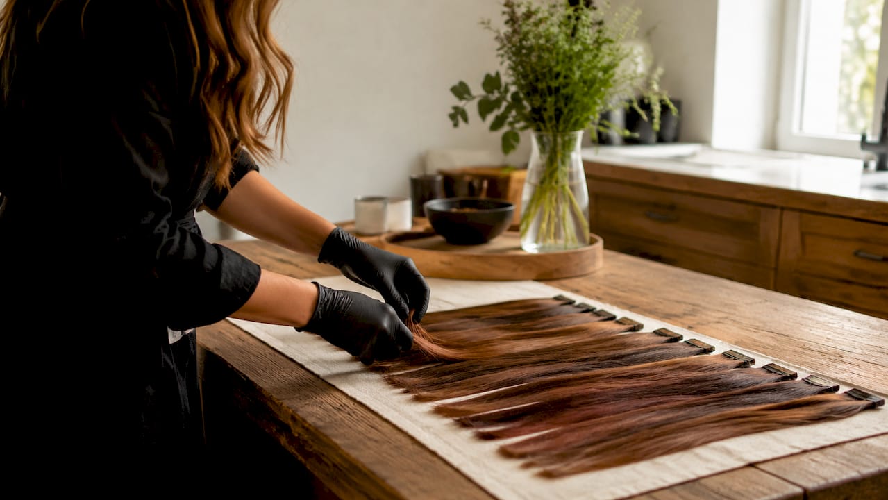 Professional hands organizing multi-tonal hair extension swatches