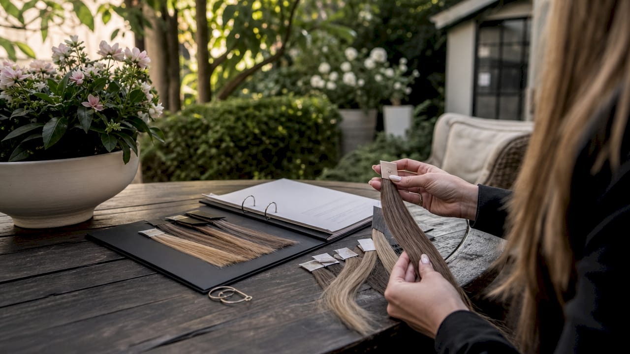 Close-up of hair extension samples and consultation notes