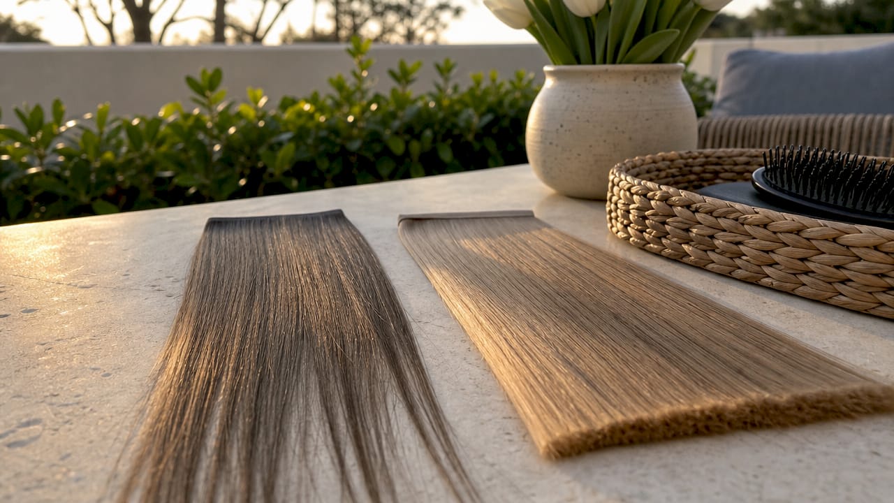 Flat and bulky hair extension wefts comparison on vanity