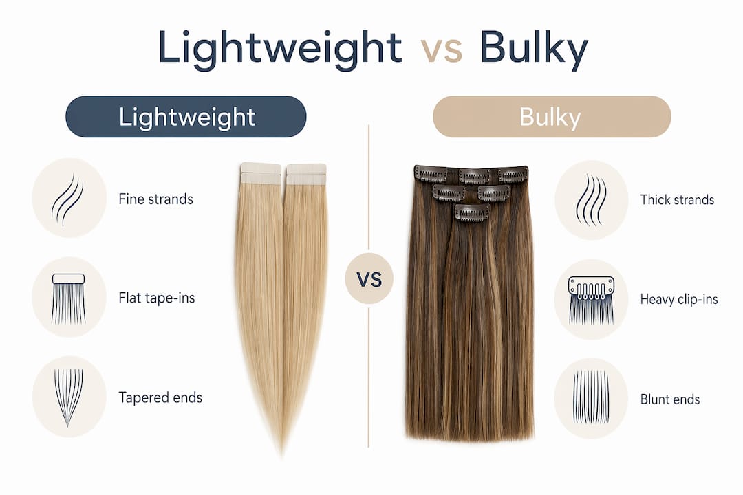 Infographic contrasting lightweight and bulky hair extensions