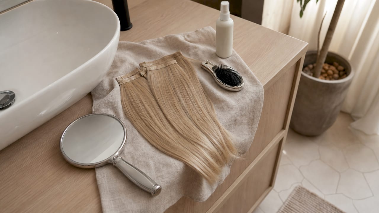 Clip-in blonde hair extensions on bathroom counter