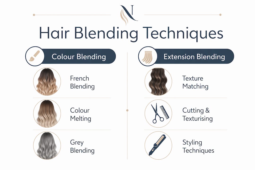 Infographic comparing colour and extension hair blending techniques