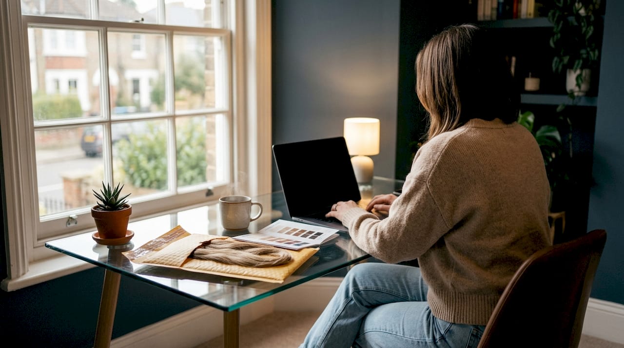 Person using laptop for hair extension exchange