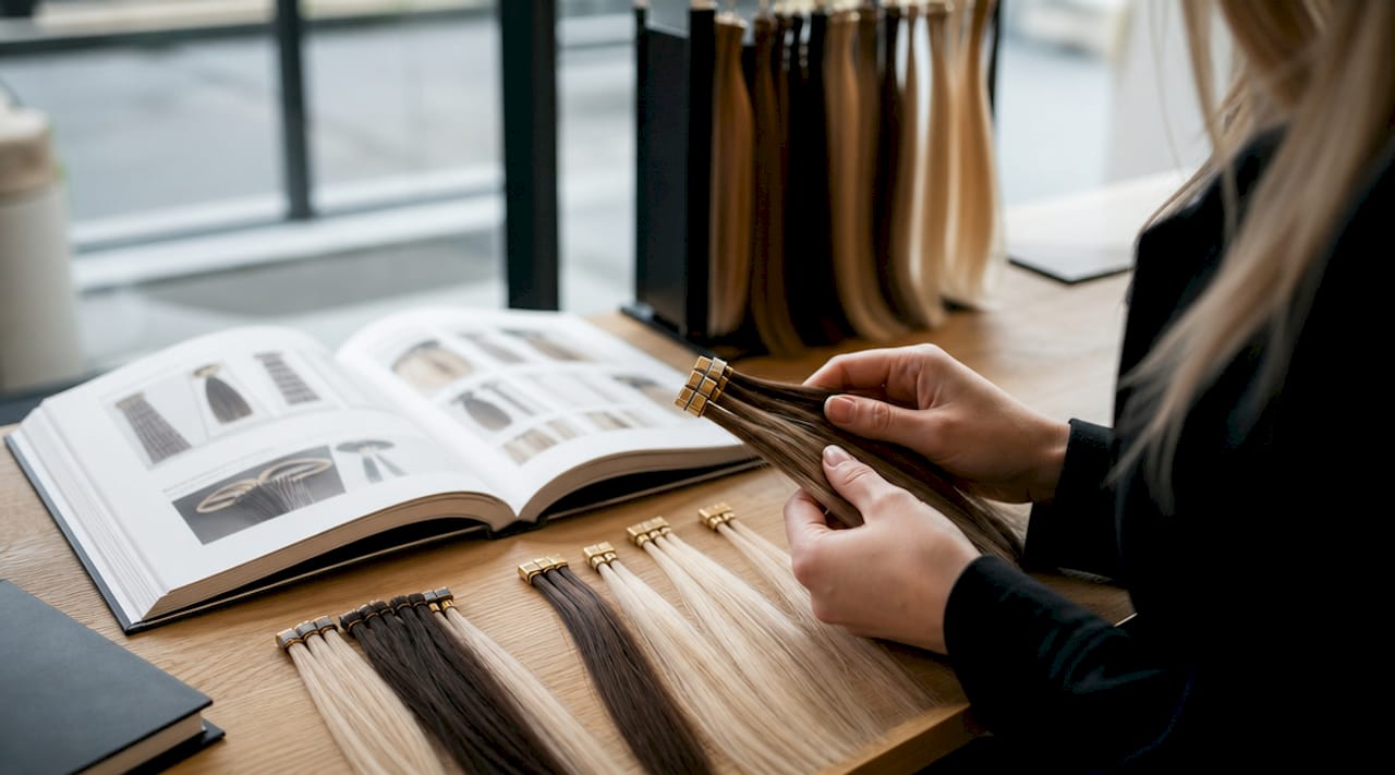 Salon desk with hair extension density samples