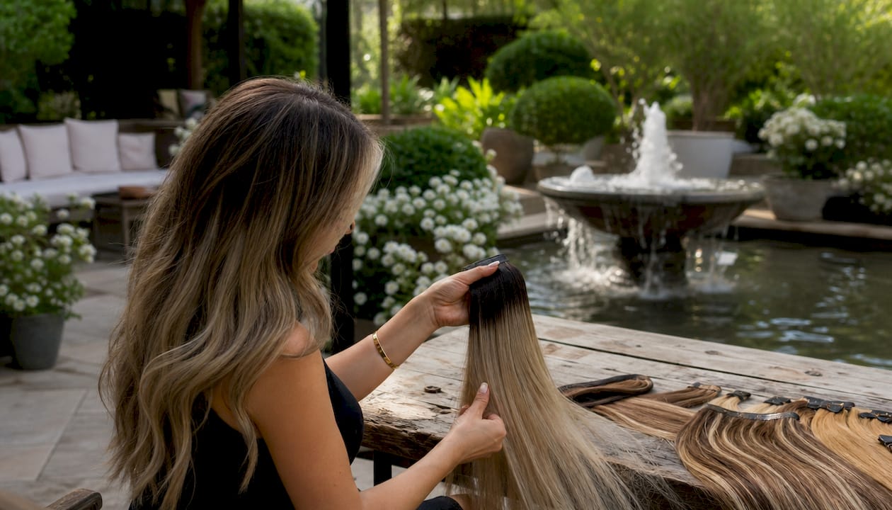 Stylist preparing root stretch hair extensions at salon