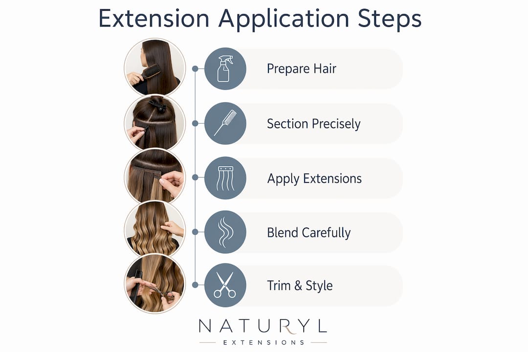 Infographic showing steps to hide short hair with extensions