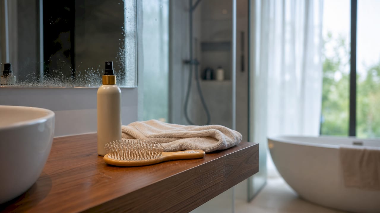 Bathroom setup with haircare products for extensions