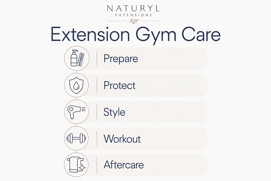 Infographic outlining gym care steps for hair extensions