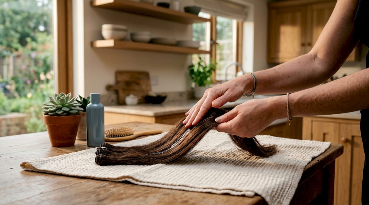 Hands smoothing serum onto hair extensions on vanity