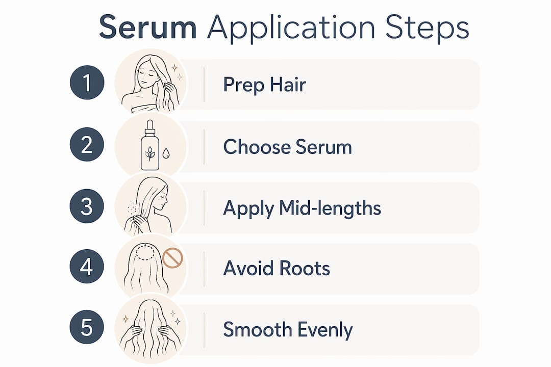 Infographic illustrating serum application steps on hair extensions