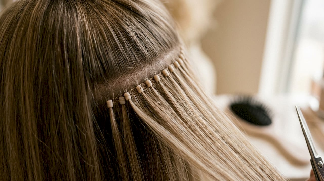 Macro view of silicone bead on flat hair extension
