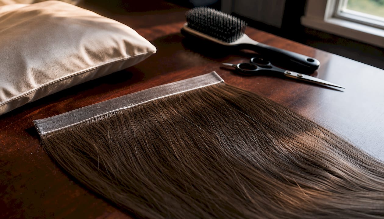 Macro view of Remy hair seamless weft on salon counter