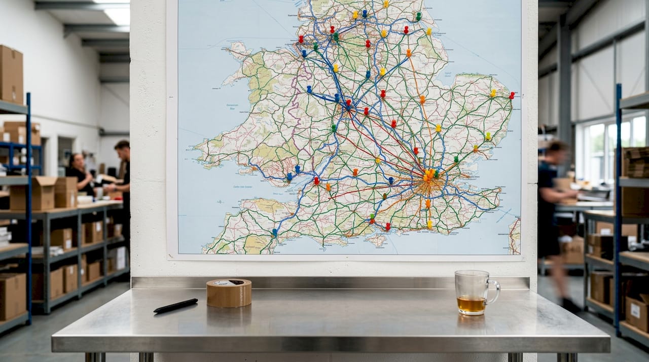 Detailed UK delivery route map and office desk