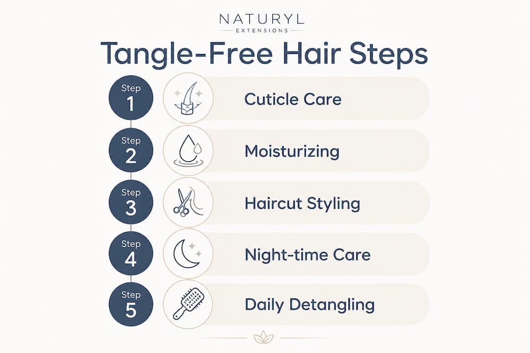 Infographic illustrating steps to achieve tangle-free hair