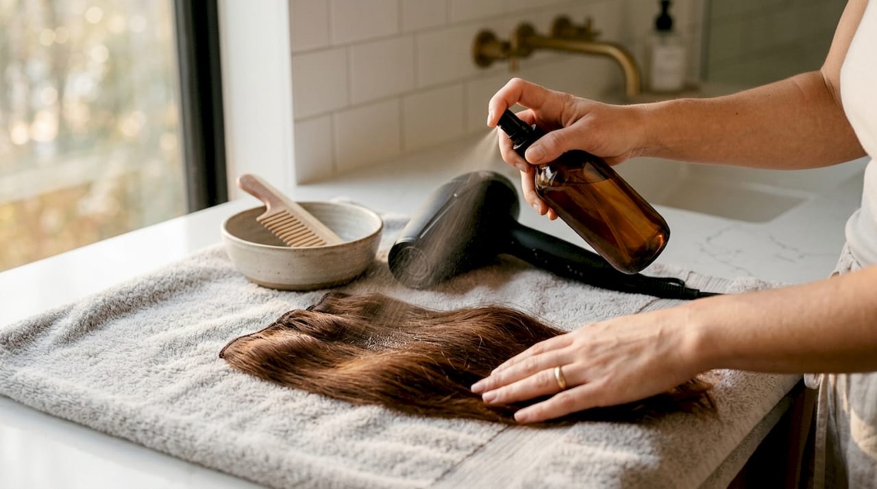 Applying heat protectant to hair extensions close-up