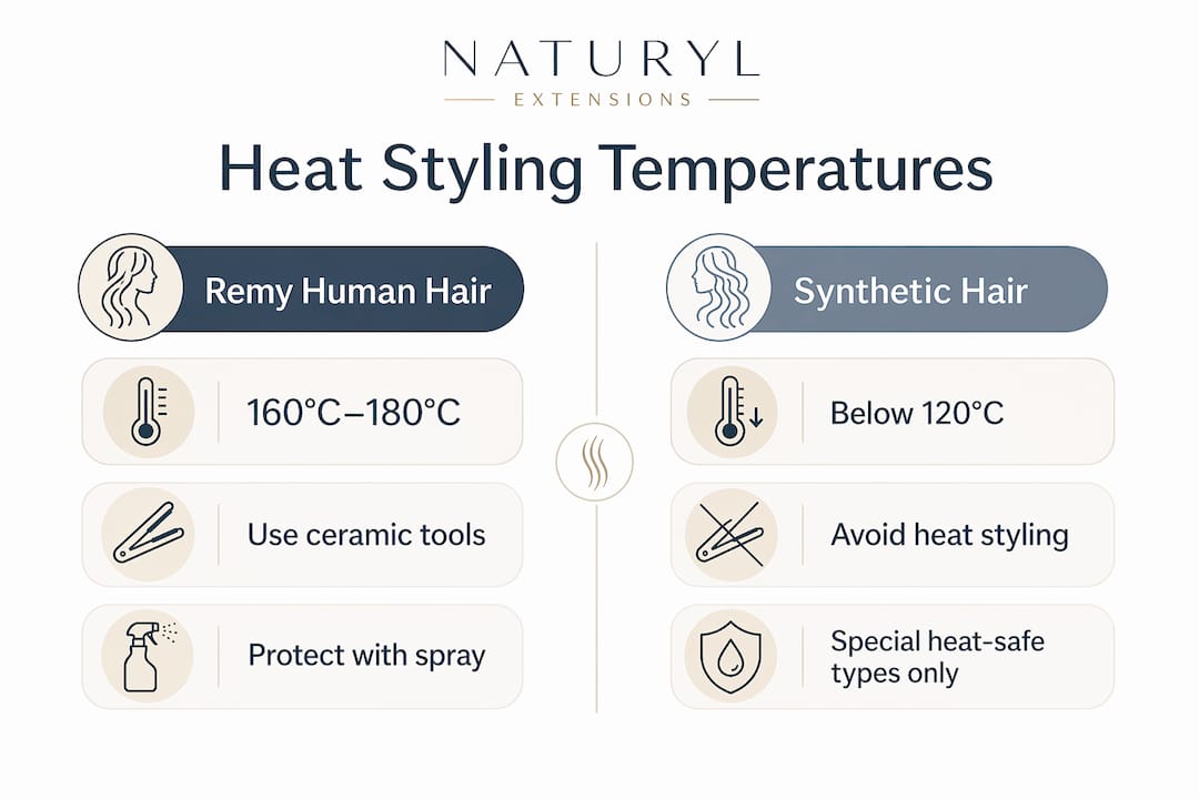 Infographic comparing heat safe temperatures for hair extension types