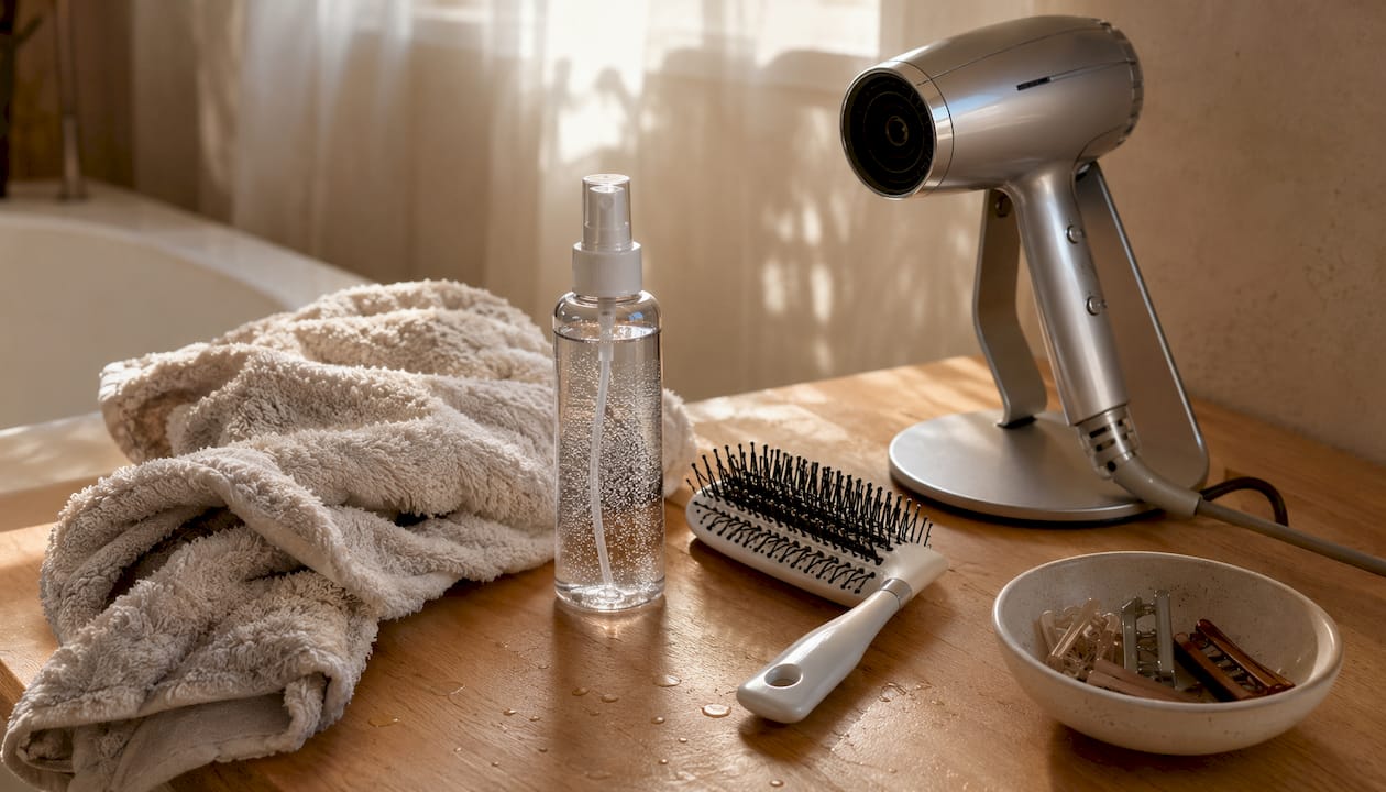 Hair extension styling tools on bathroom vanity
