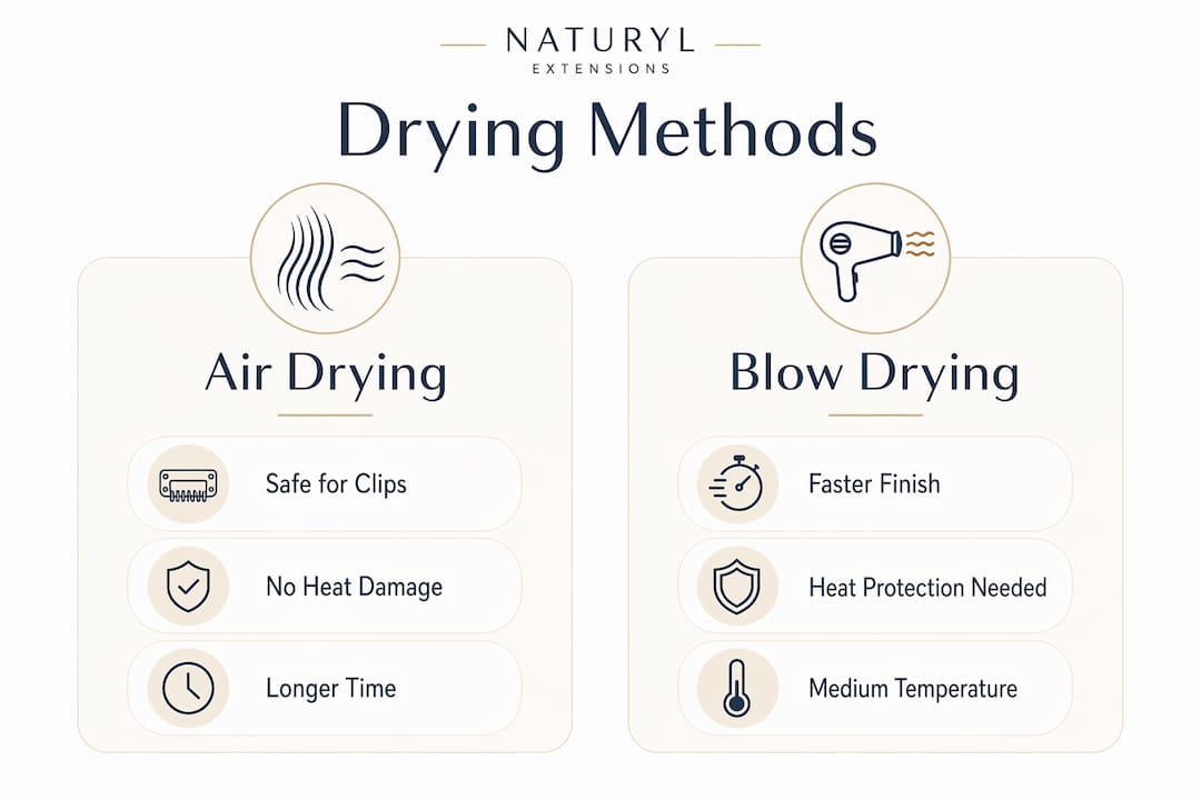 Infographic comparing air drying and blow drying hair extensions