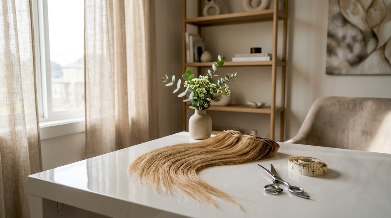 Single drawn hair weft with scissors on wooden table