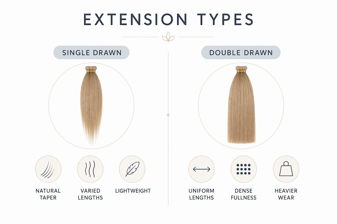 Infographic comparing single drawn and double drawn hair extensions