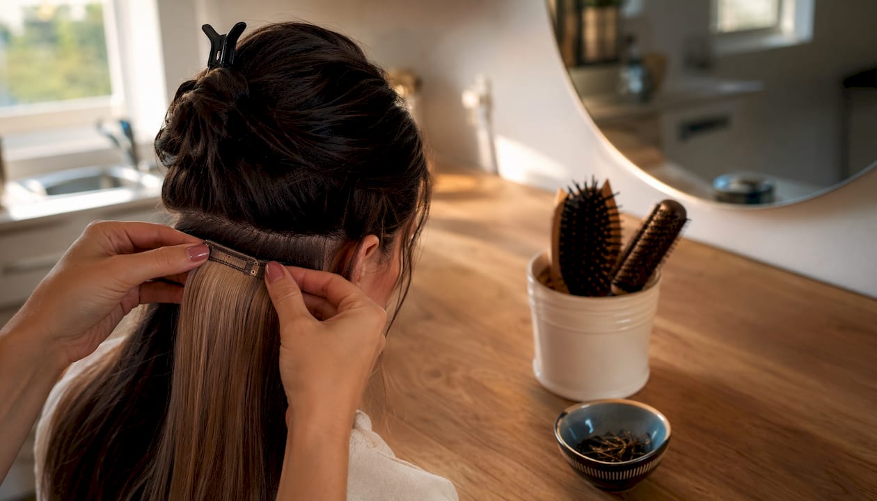 Hands reattaching clip-in hair extensions