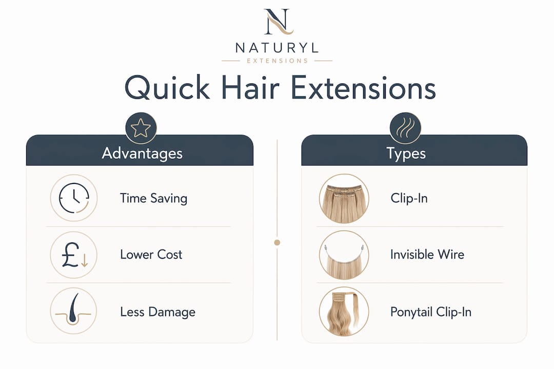 Infographic comparing quick hair extension benefits and types