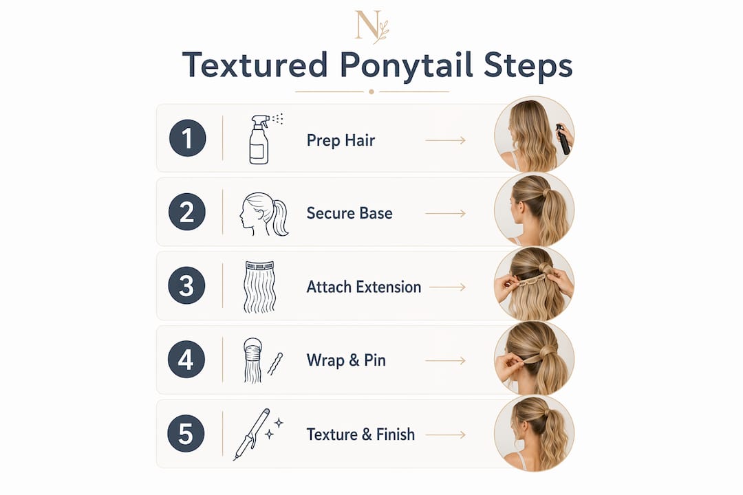 Step by step infographic for textured ponytail styling