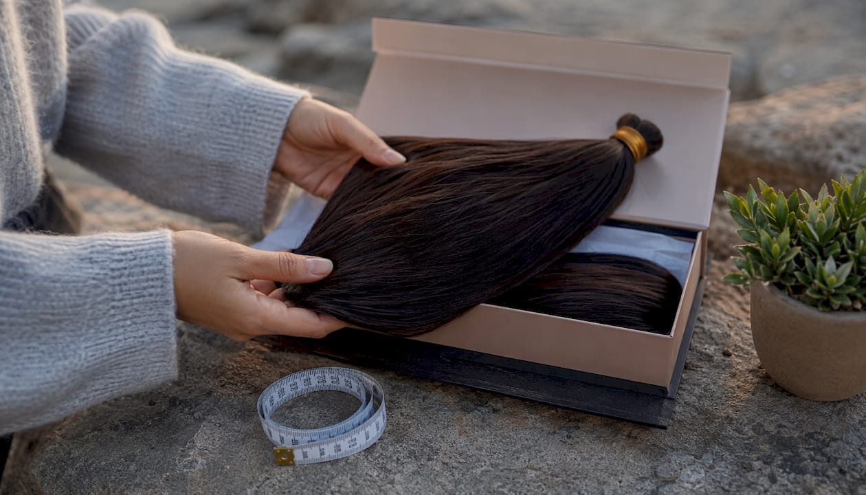 Hands holding double drawn hair extensions package