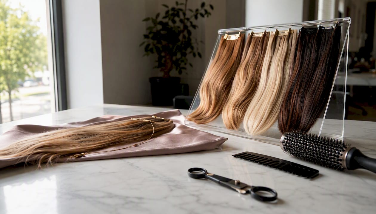 Displayed invisible wire and clip-in hair extensions