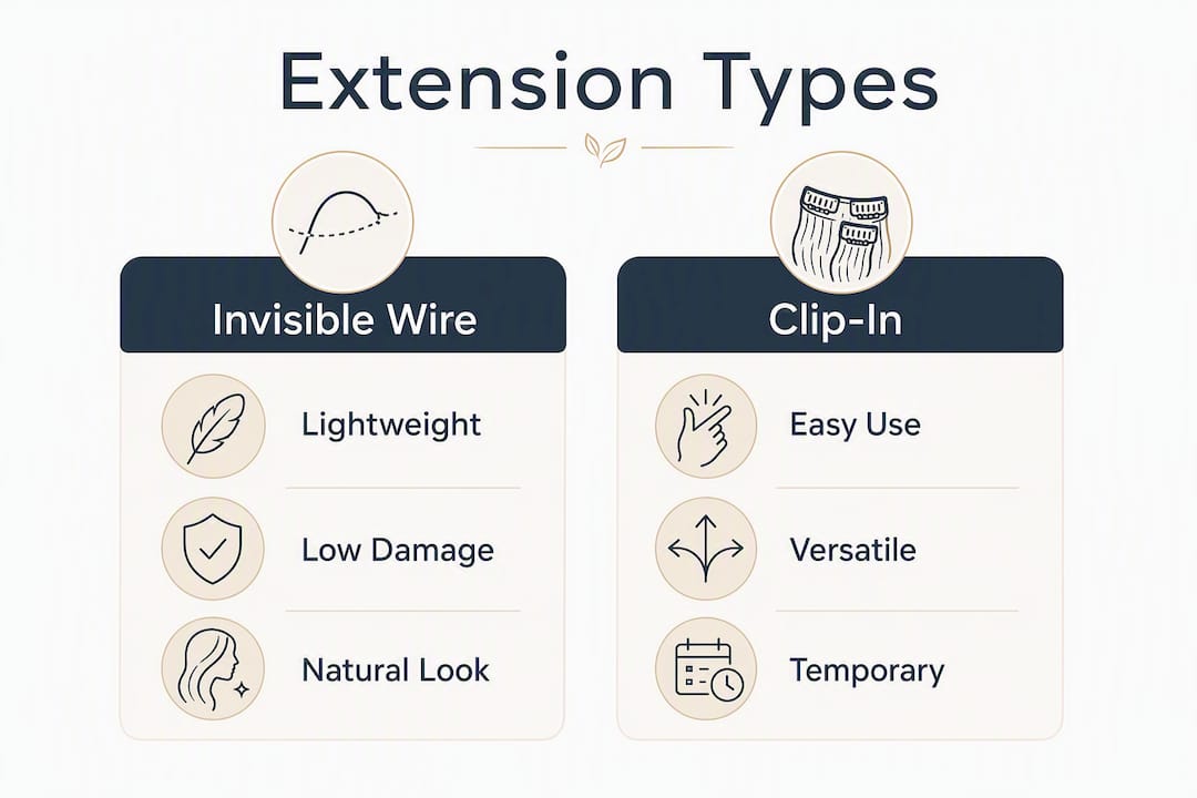 Infographic comparing invisible wire and clip-in extensions
