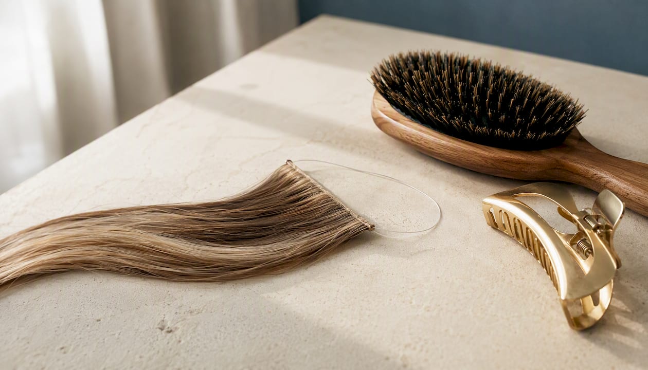 Close-up of lightweight hair extension wire and tools