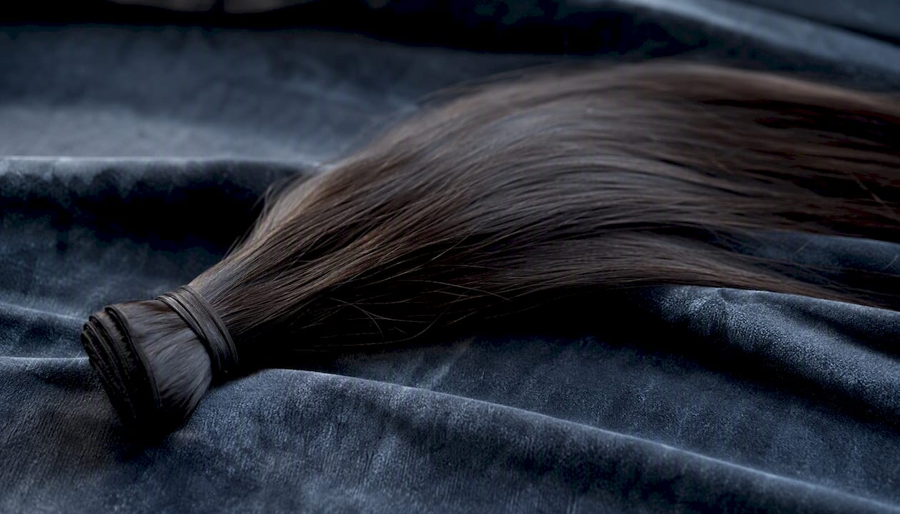 Virgin Indian hair bundle on cream fabric