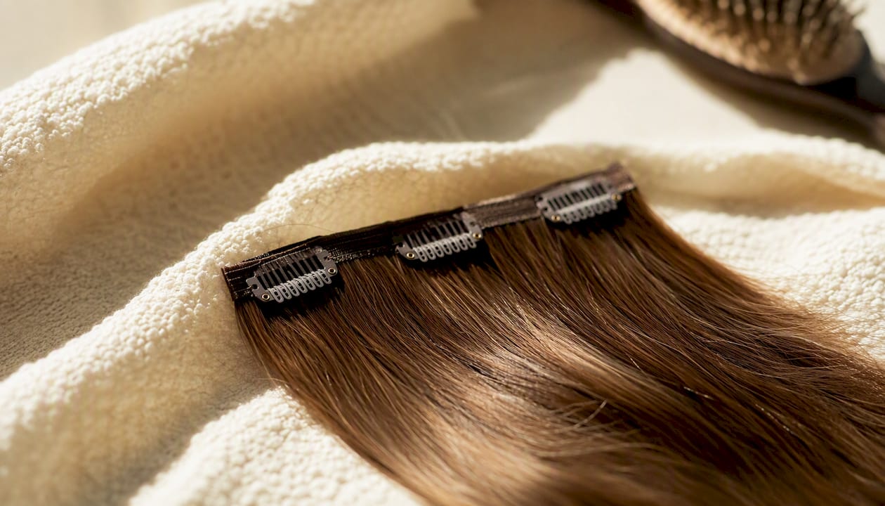 Close-up of clip-in face-framing hair extension