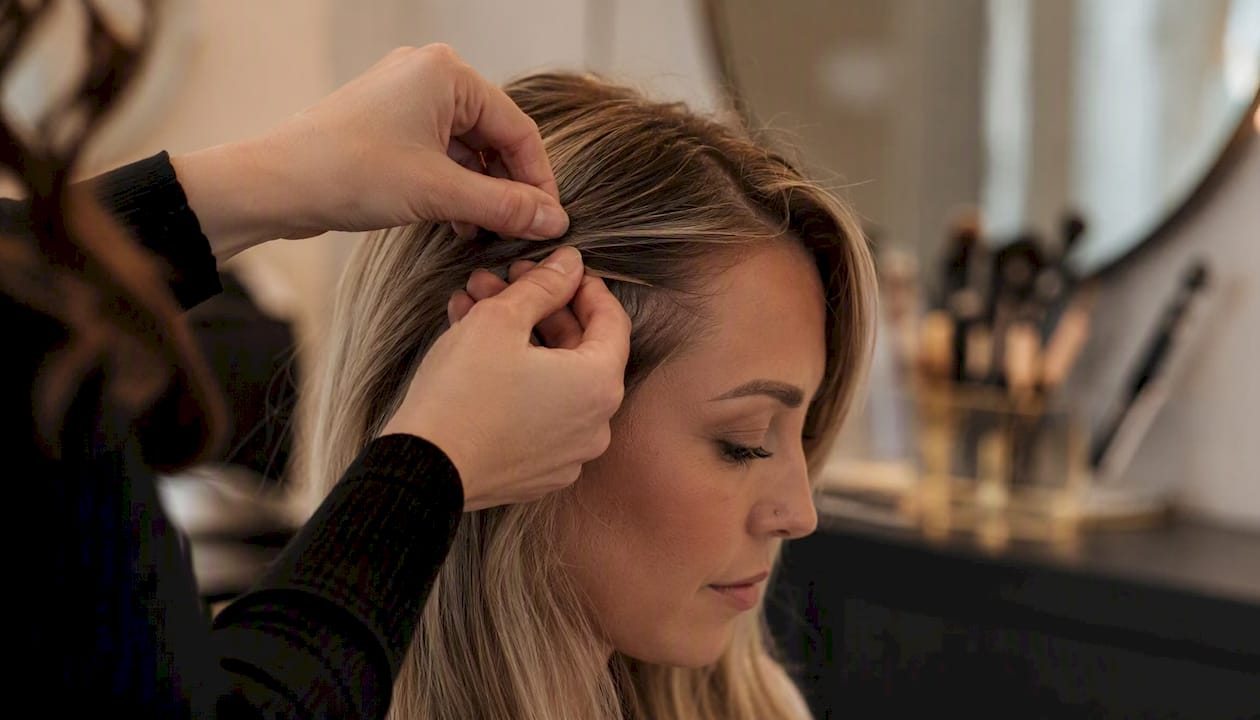 Hands fitting invisible wire hair extension close-up