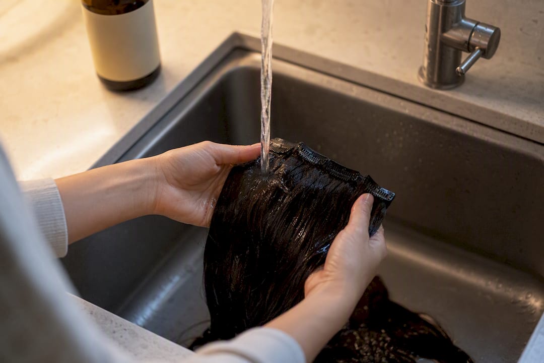 Hands gently washing clip-in hair extensions