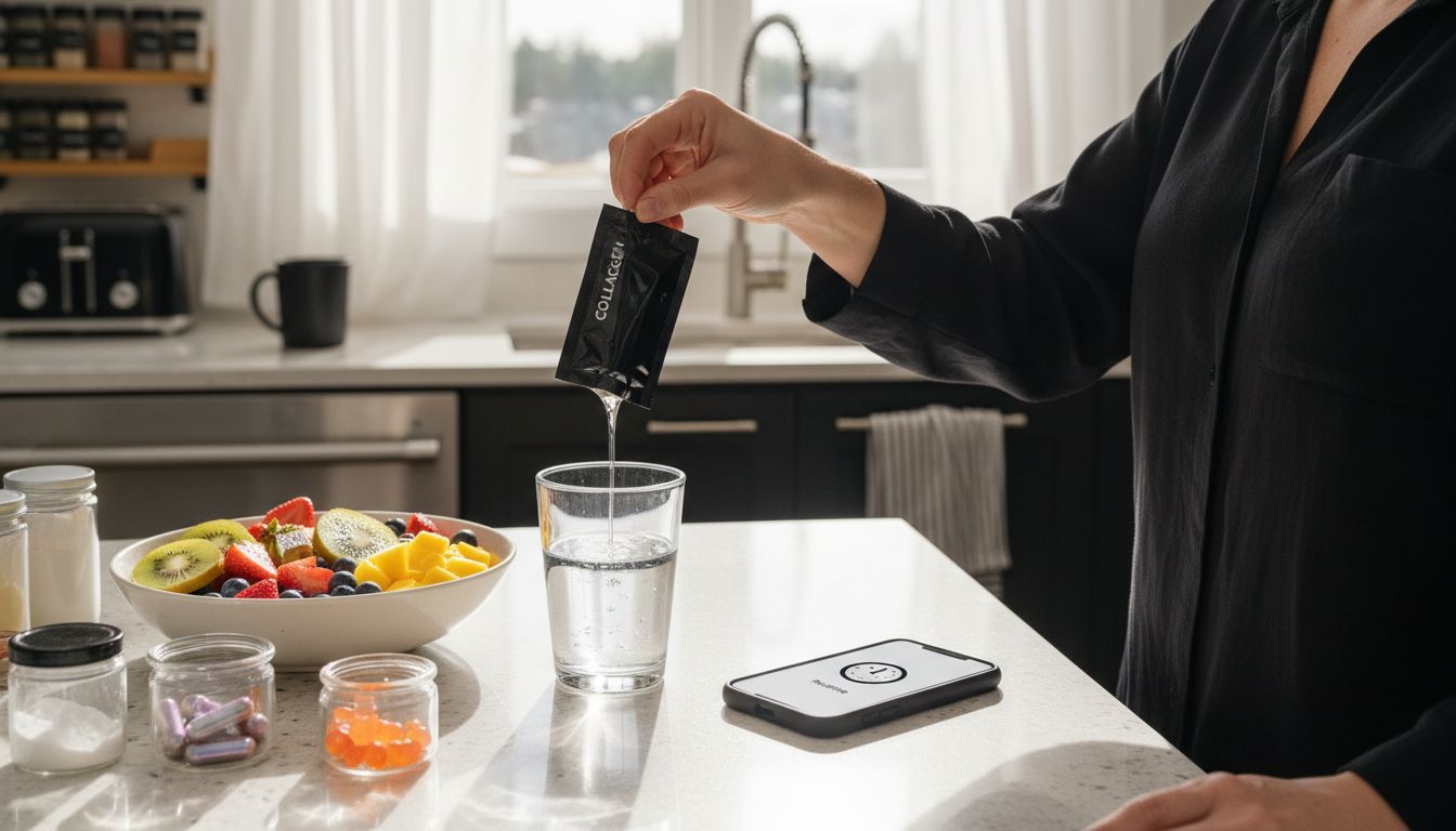 Pouring liquid collagen into glass in kitchen