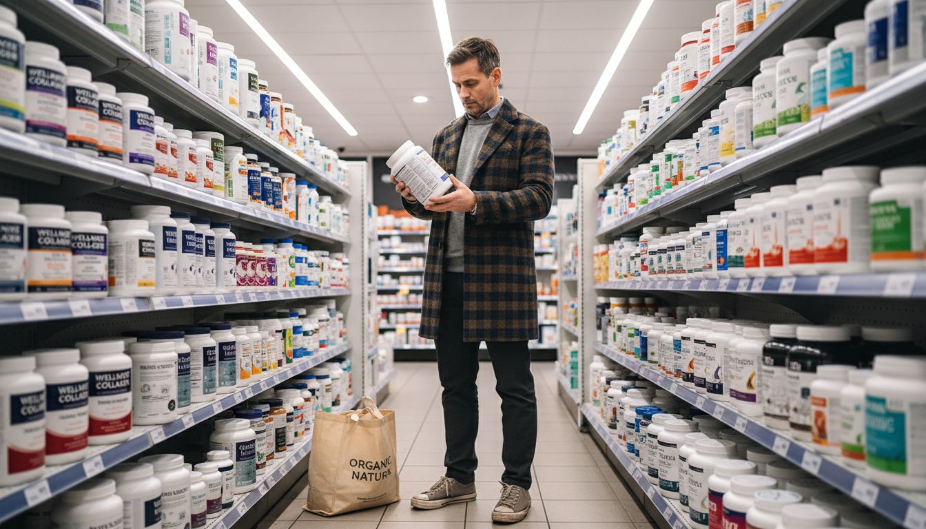 Man comparing collagen supplement labels