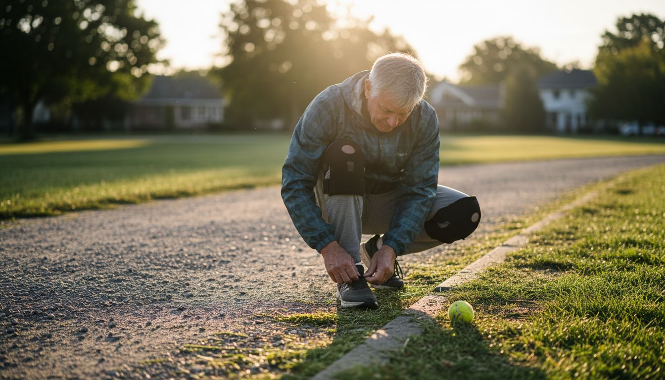 Man ties shoes with visible knee brace