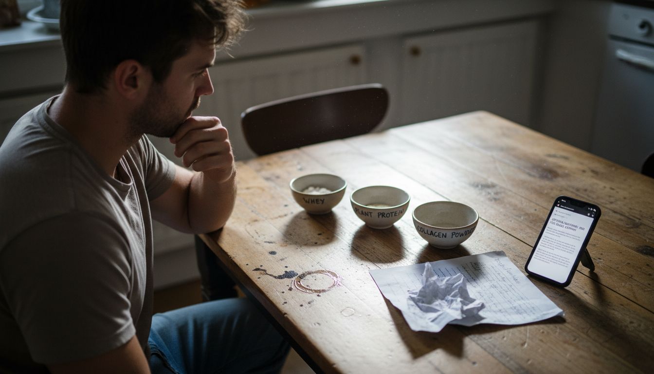 Man comparing protein powders at table