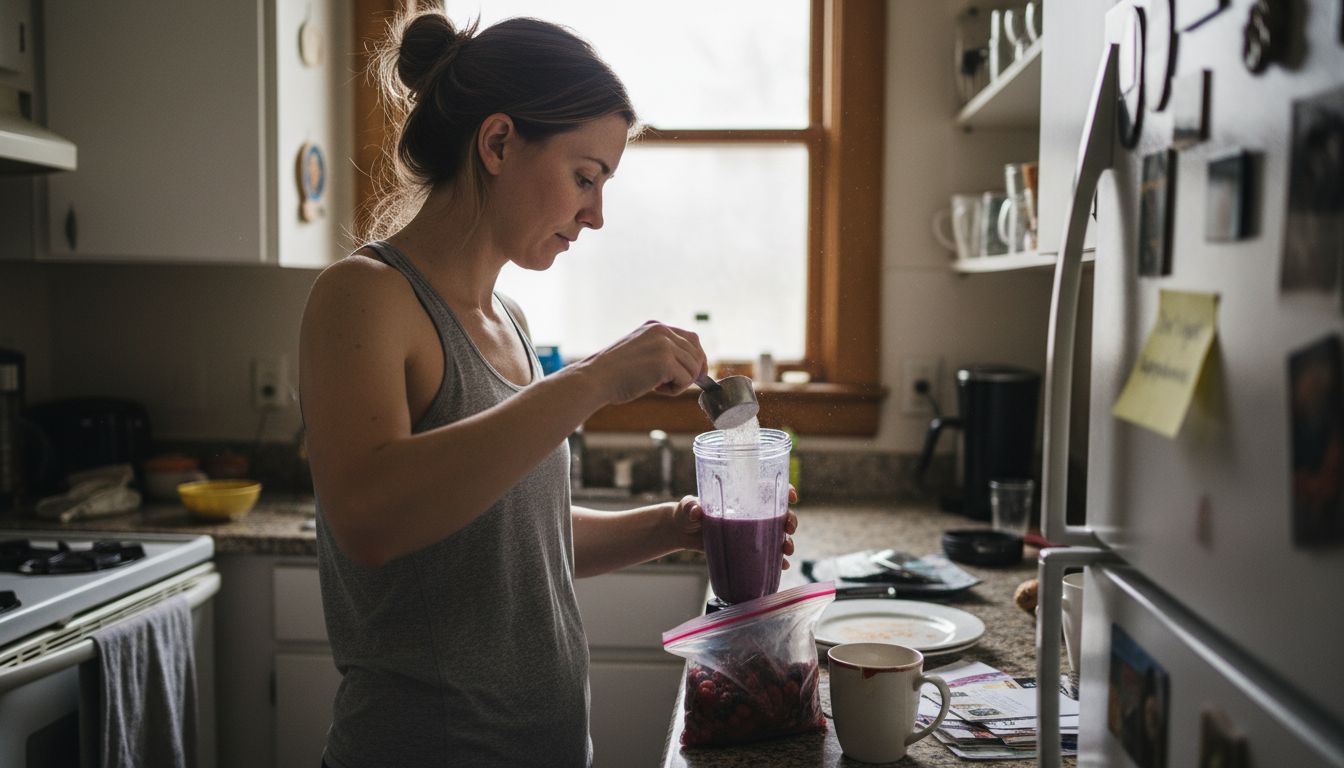 Woman mixing collagen into morning smoothie