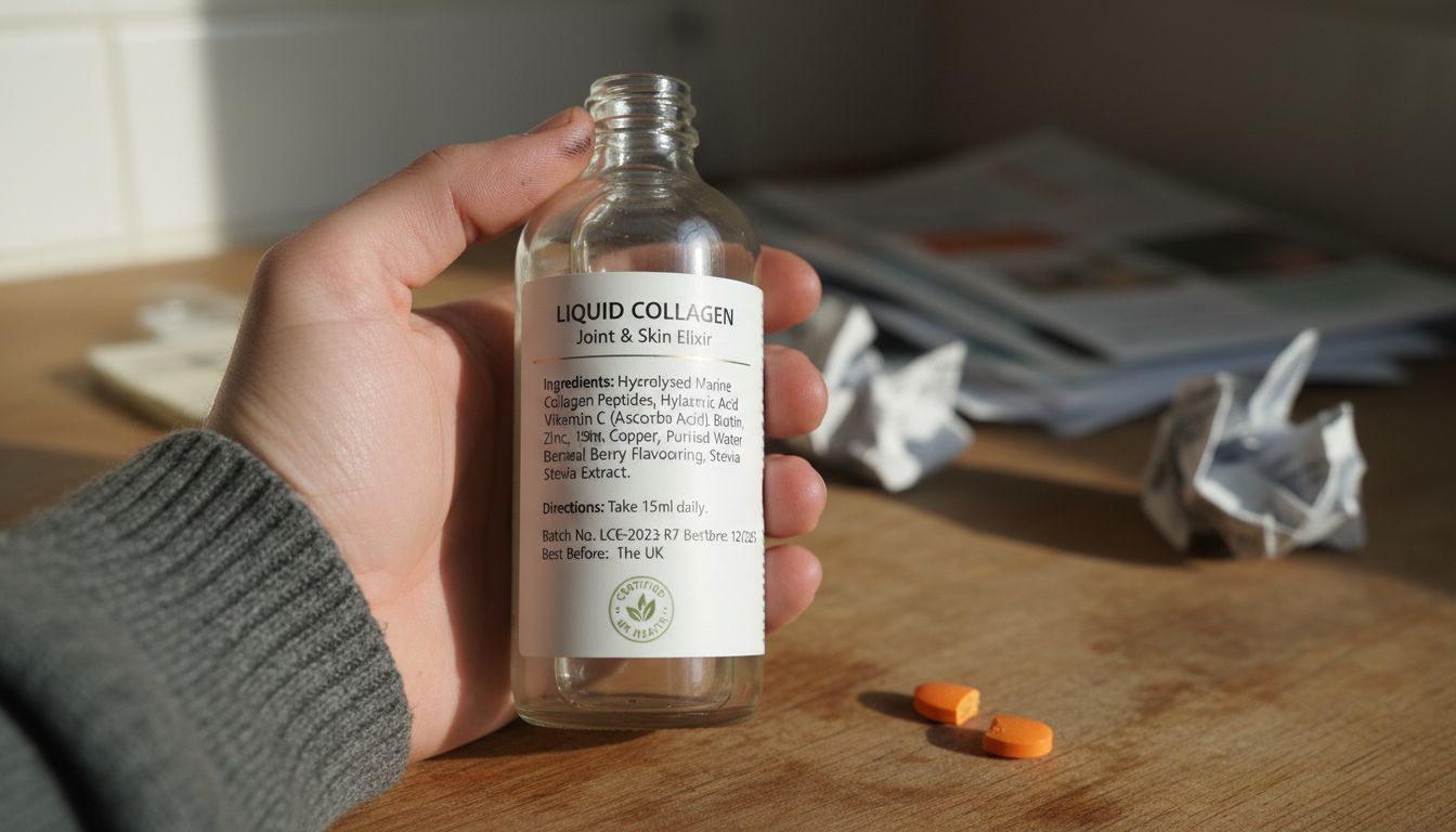 Close-up liquid collagen label and hand
