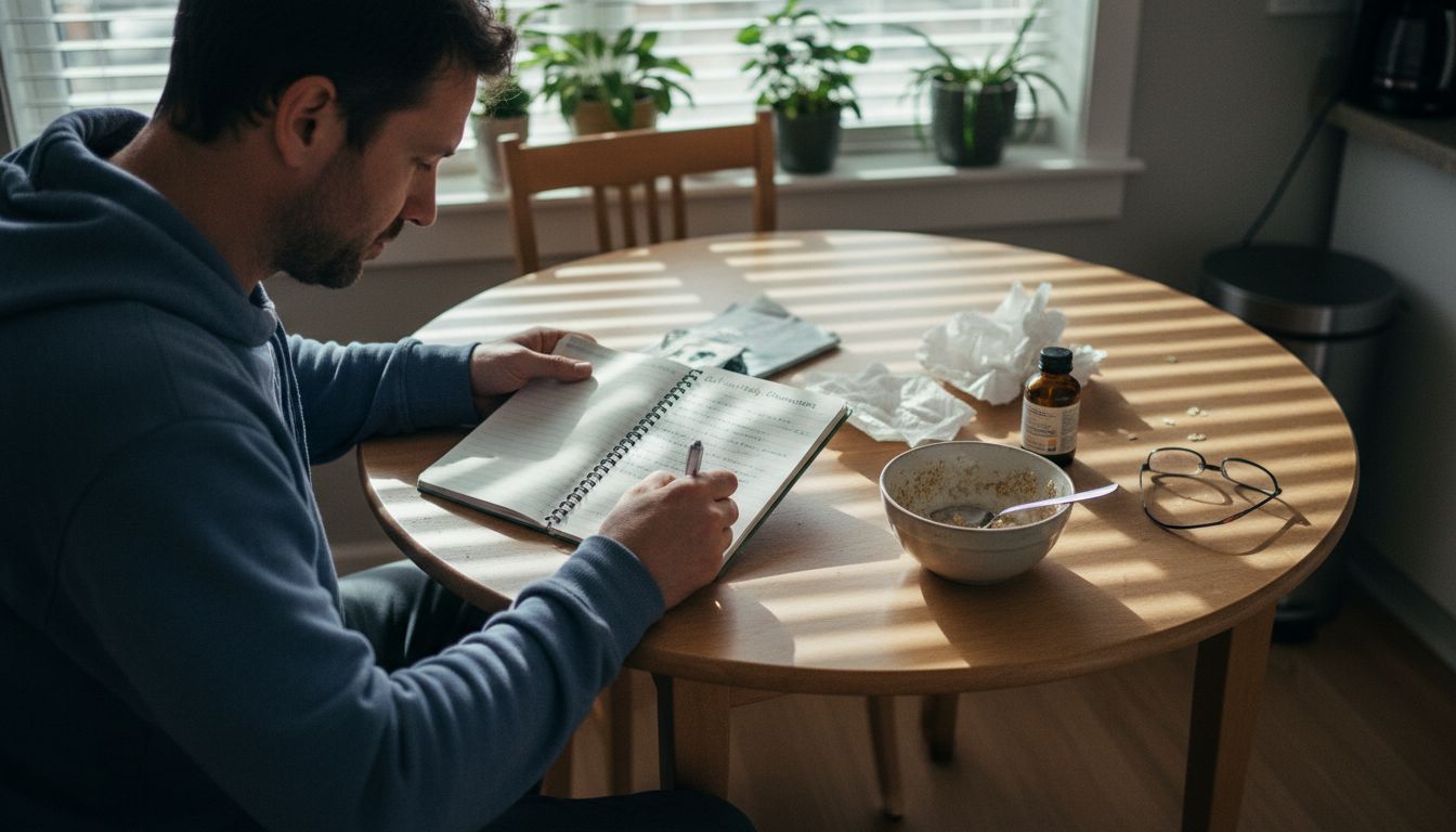 Man recording gut health notes in journal