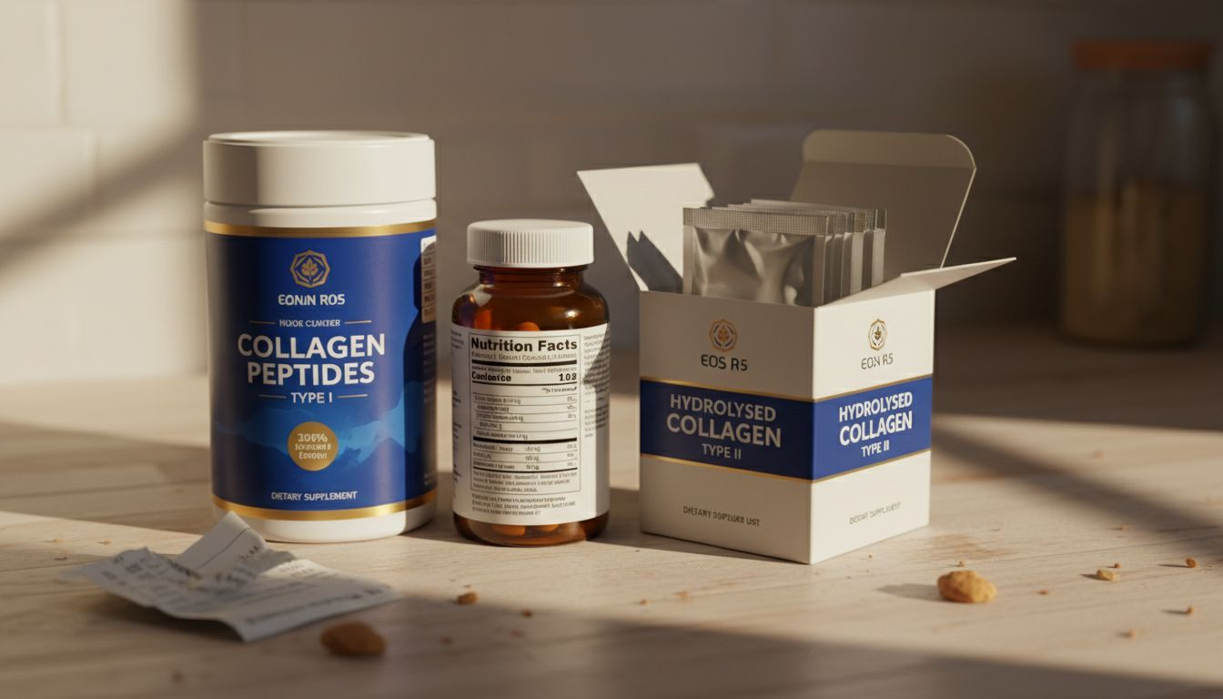 Collagen supplement types on kitchen counter