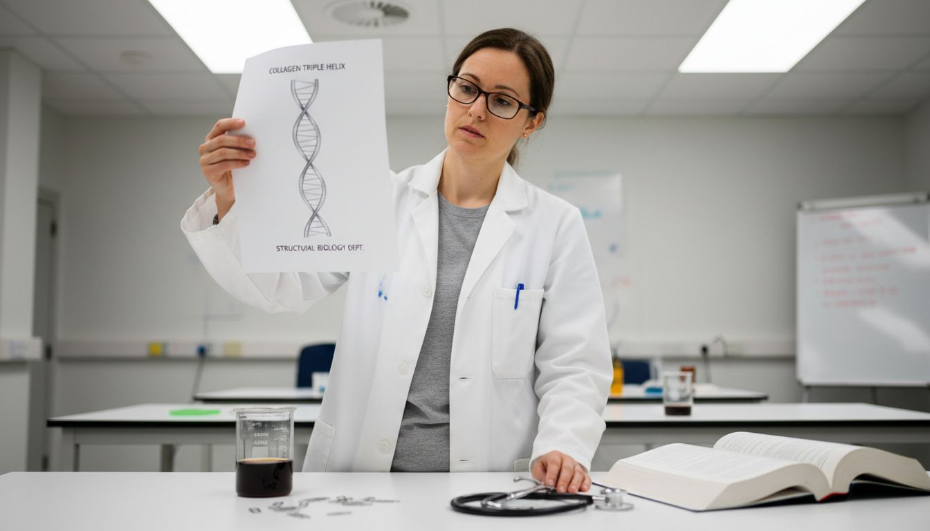 Researcher studying collagen molecule diagram
